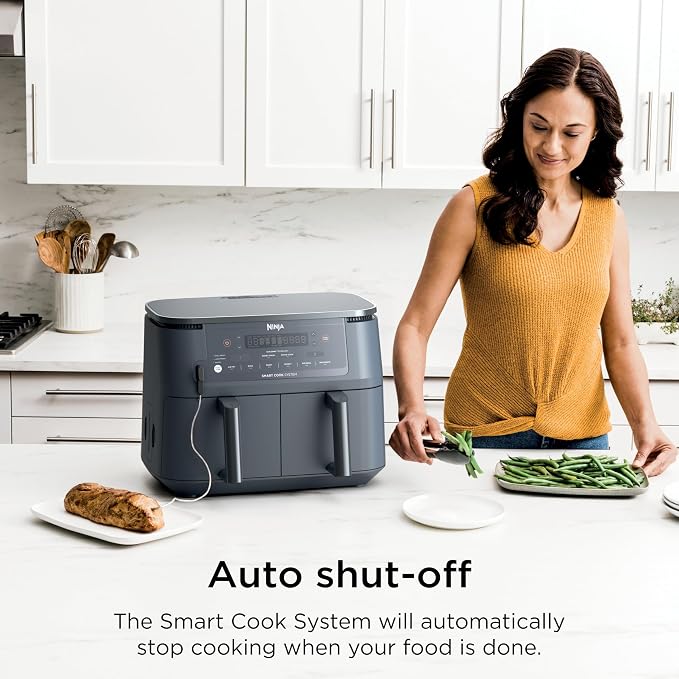 Ninja 6-in-1 10 QT Air Fryer, Foodi Smart Thermometer, Roast, Bake, Air Fry, Crisps, Broil, Reheats, Keep Warm, Fries, Frozen Food, Veggies, & Meat, Light Grey, DZ550GY (Renewed)