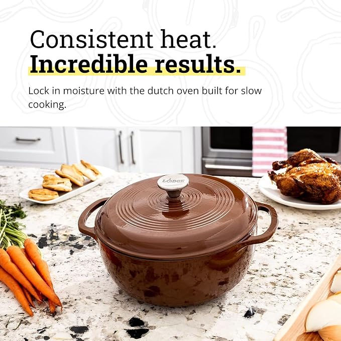 Lodge Essential Enamel Cast Iron Dutch Oven 6 Quarts - Perfect for Bread Baking, Braising, Marinating & Slow Cooking, Features Moisture-Sealing Lid & Dual Handles, Kitchen Essentials, Burnt Sienna