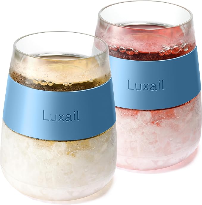 luxail Wine Glasses, Plastic Wine Glasses Set of 2, Wine Gifts, Double Wall Insulated Freezer Tumbler, Stemless Freezer cups for Red and white Wine, 8.5 Oz, Misty Blue