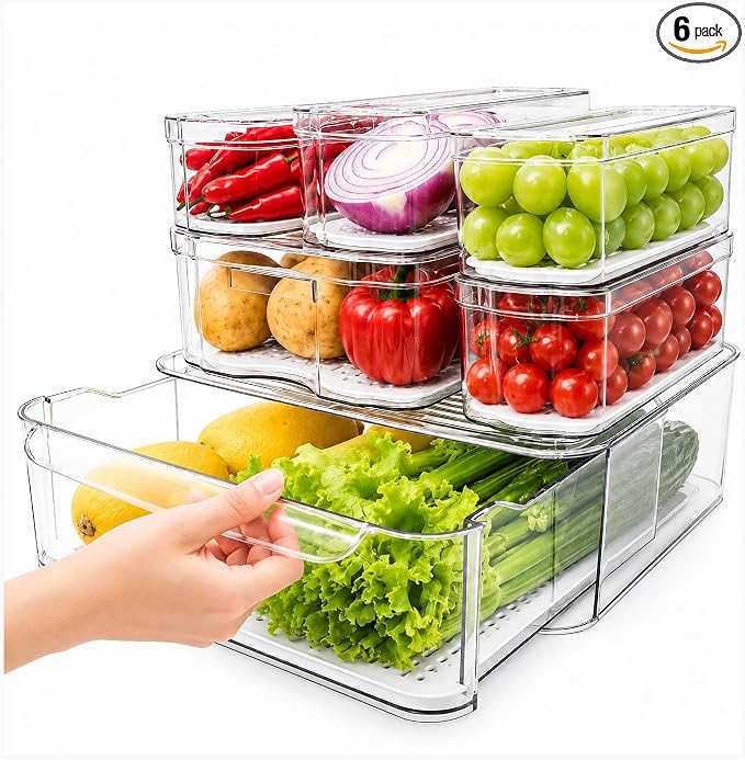 SMRCAD Clear Fridge Bins with Drain Trays - BPA-Free PET, Stackable(6 Pack) | 6 Pack: 1 Drawer + 5 lidded Bins, Helps Keep Produce Fresh, 16.3L Capacity, Hand Wash Only