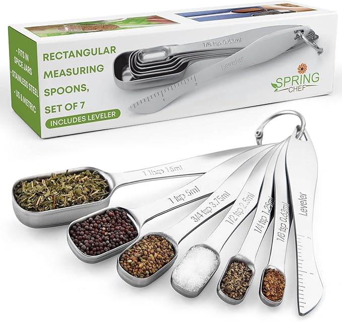 Spring Chef Nesting Stainless Steel Measuring Spoons Set of 7 with Leveler | Rectangular Metal Teaspoon & Tablespoon Measuring Spoons for Dry & Liquid Ingredients, Fits in Spice Jars, Long Handle