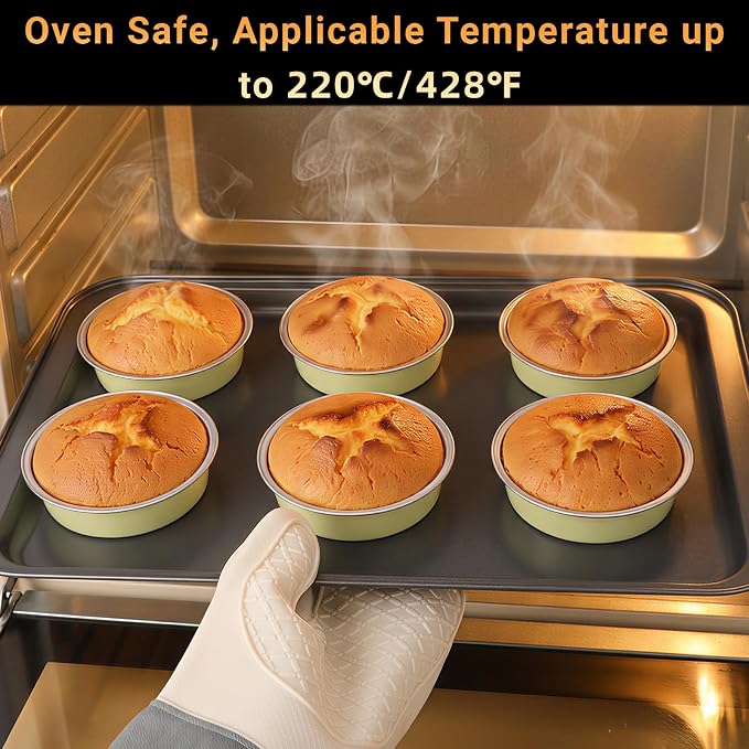 Beasea 100 Pack 4" Mini Pans with Lids, 7.3oz Disposable Aluminum Baking Foil Tins Round Small Tart Pie Container for Individual Cupcake Dessert Muffin Cheesecake Quiche Oven Dishes - Sage Green