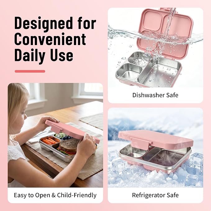 LOHASOK Stainless Steel Lunch Box, 34oz/1000ml, Pink | 3-Compartment, Metal Bento Container, Leak Proof, Plastic Lid, for Kids Adults, BPA/BPS Free, Dishwasher Safe