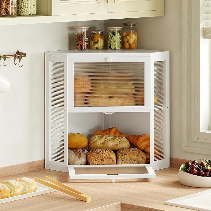WOWLIVE Double Layer Corner Bread Box for Kitchen Countertop with 2 Doors | Bamboo Bread Storage Container, Large Farmhouse Breadbox with Acrylic Wavy Door, Under Cabinet Organizer, White, Extra Large