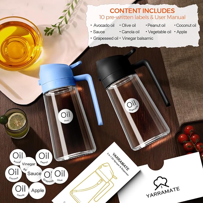 YARRAMATE 16 oz 2-in-1 Glass Olive Oil Sprayer for Cooking, SkyBlue | Food-grade dispenser bottle, 470 ml, spray and pour, portion control, stickers included, for salad, frying and BBQ