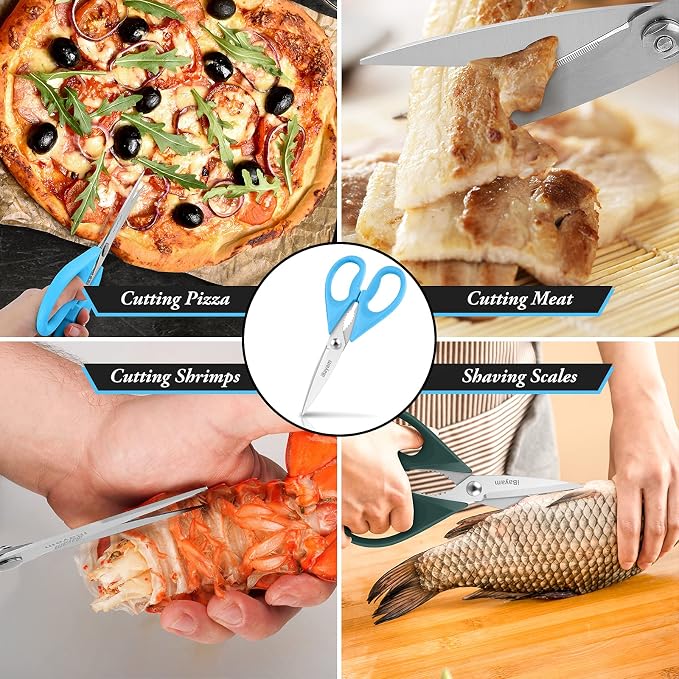 iBayam 2-Pack 8.5" Kitchen Shears, Heavy Duty, Cut Meat, Poultry, Herbs | Sharp Stainless Steel, Comfort-Grip Handles, Cuts Meat, Poultry, Herbs — 2-Pack, Dishwasher Safe, Built-In Bottle Opener