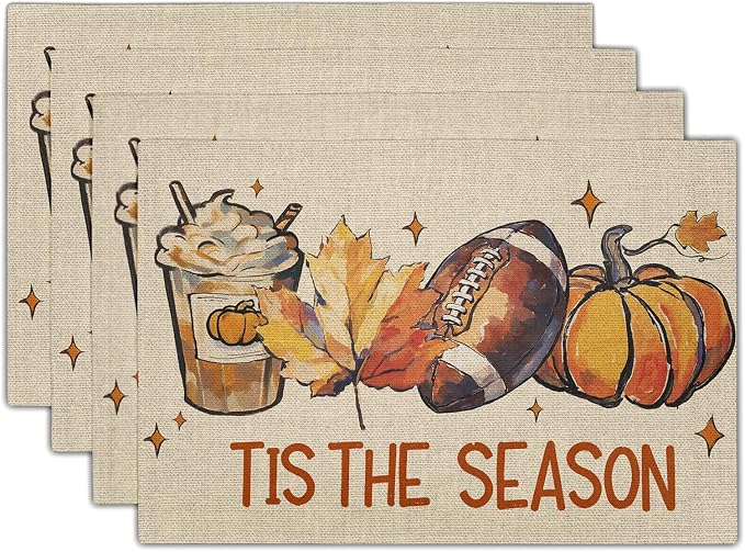 Fall Football Placemats Set of 4 18x12 Inch Autumn Rugby Pumpkins Leaves Linen Place Mats Heat-Resistant Washable Wipeable Tis The Season Table Mat for Party Kitchen Dining Room Dinner Table Decor