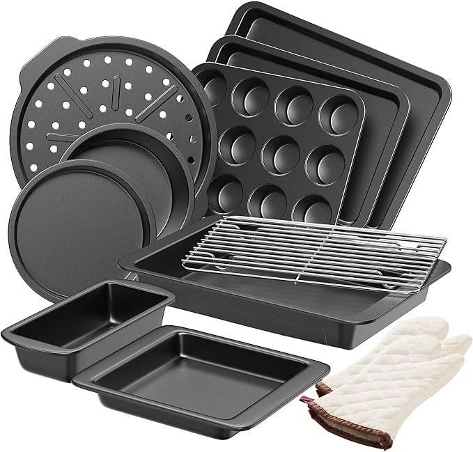 Bakeware Sets, Baking Pans Set with Kitchen Oven Mitts, Nonstick Oven Pan for Kitchen with Wider Grips, 12-Piece Including Rack, Cookie Sheet, Cake Pans, Loaf Pan, Muffin Pizza Pan