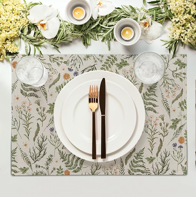 Sage Green Wild Flower Spring Summer Placemats Set of 4 Seasonal Wildflower Plants Herbs Linen Table Mats 12x18 Inch Vintage Floral Place Mats for Farmhouse Kitchen Dining Decoration