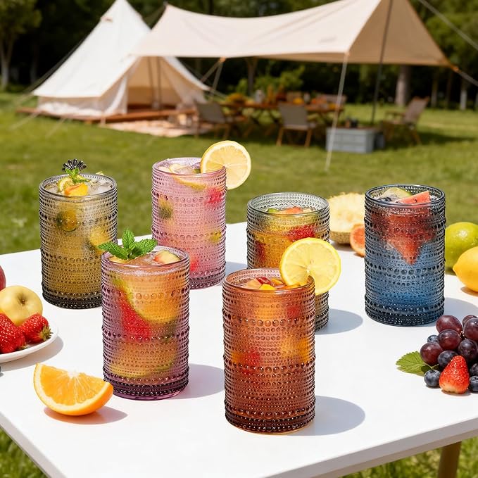 GGOLDMER Colored Hobnail Drinking Glasses Set of 6, 12oz Vintage Highball Glasses, Kitchen Glassware, Beaded Glass Cups for Iced Coffee, Cocktail, Beer, Juice, Cocktail, Whiskey, Milk