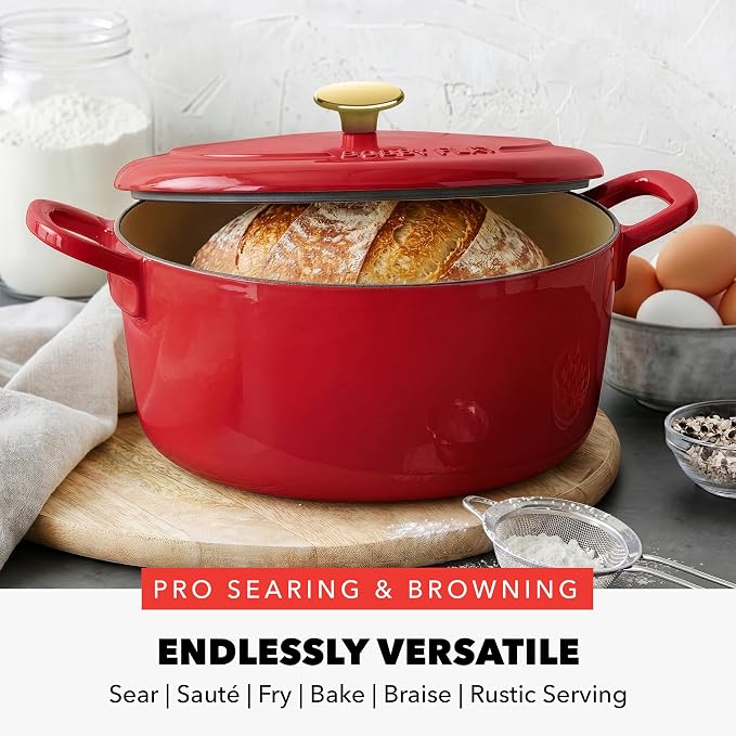 GreenPan x Bobby Flay 5.5QT Enameled Cast Iron Dutch Oven With Lid, Red | Casserole Pot for Braising, Stews, Bread Baking & Searing, Self-Basting Lid, Induction Ready, Oven Safe To 500, Gold Lid Knob