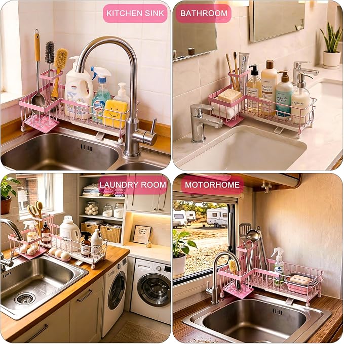 Extendable Corner Sink Sponge Holder, Quick-Drain Caddy For Kitchen Sink, Pink