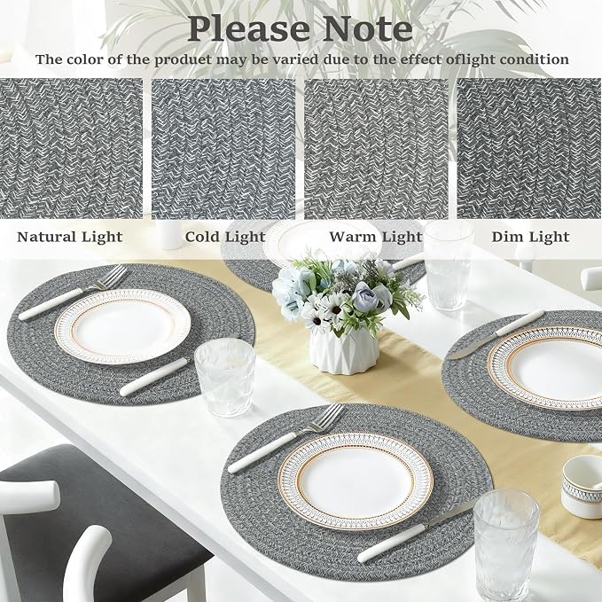 Round Placemats Set of 6, Cotton Rope Woven Table Mats, Hot Pads for Kitchen, Non Slip Heat Resistant Place Mats, 13 Inches Braided Placemat for Farmhouse Decor and Kitchen Table Decor (Gray)