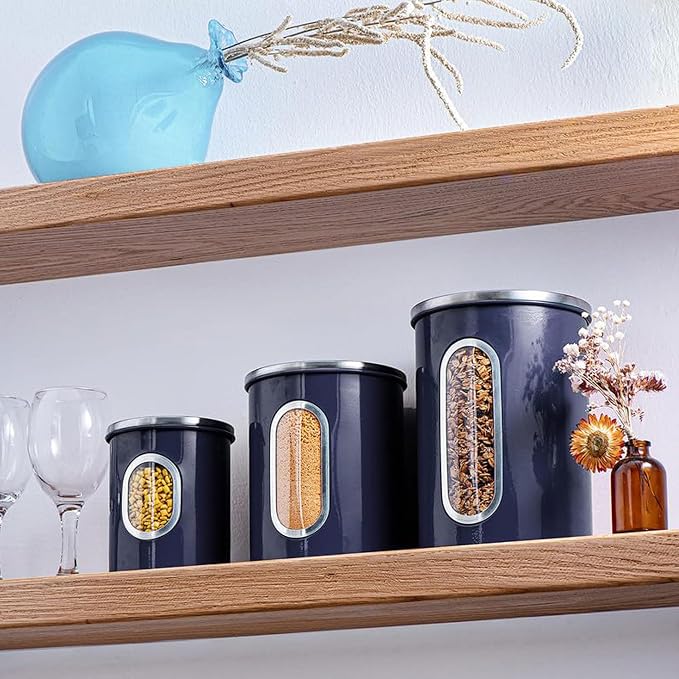 Mixpresso 3-Pcs Blue Canisters Set for Kitchen Storage Airtight Jars | See-through window, coffee container, tea organizer, sugar canister, 3 nesting sizes, counter decor, easy press-on lids