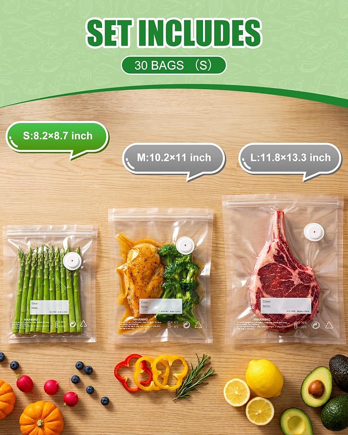 RIWUSI 30PCS Reusable Vacuum Sealer Bags for Food with Air Valve & 10 Seal Clips – Small (8.2 x 8.7 in), BPA Free Food Storage Bags,Lock in Food Freshness for Freezer, Microwave, Sous Vide Cooking