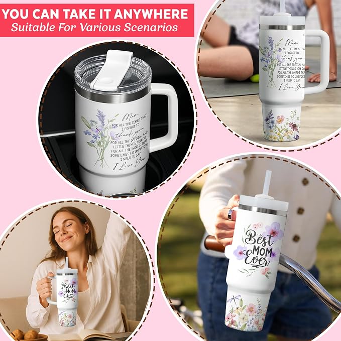 Gossby Best Mom Ever Tumbler, 30oz Stainless Steel with Handle and Straw | Birthday Gifts for Mom, Floral Watercolor Design, Mom Cup with Straw, Insulated Travel Mug for Women, Gift for Mama