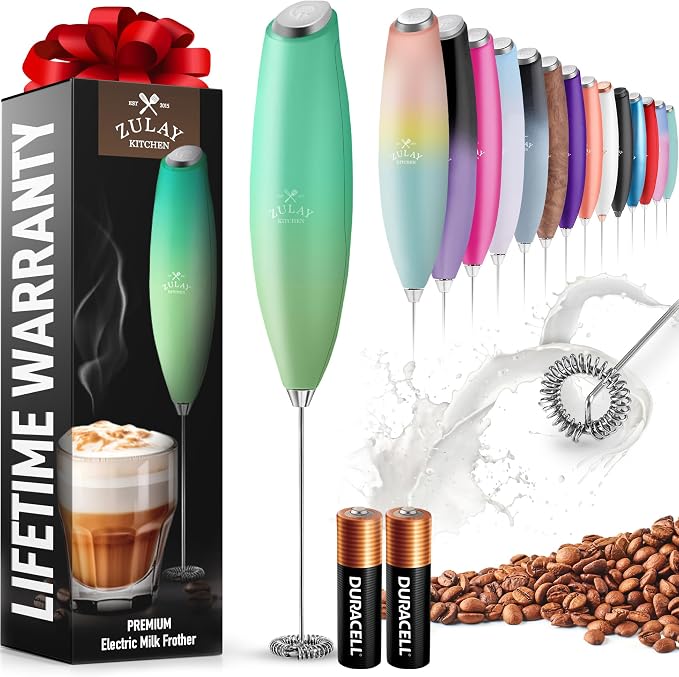 Zulay Powerful Milk Frother for Coffee with Upgraded Titanium Motor - Handheld Electric Whisk, Milk Foamer, Mini Mixer & Coffee Blender for Frappe, Latte, Matcha, No Stand - Metallic Blue