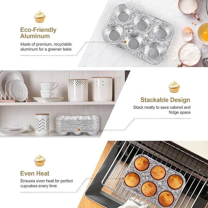 Artcochan 20 Pack Muffin Pan,6 Cup Disposable Aluminum Foil Muffin Tins,Standard Size Cupcake Pan for Baking Cupcakes and Mini Pies,Home Kitchen and Party Use