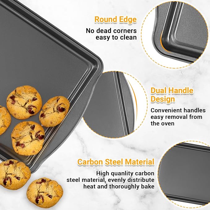 Baking Pan Set of 3 - Carbon Steel Baking Sheets with Cooling Racks, 13/15/17 Inch, Nonstick Cookie Sheets for Baking, Rust & Warp Resistant & Stackable, Nontoxic & Heavy Duty & Easy Clean