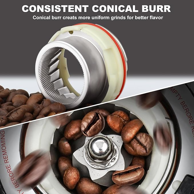 binROC Electric Conical Burr Coffee Grinder with Portafilter Holder, Black | 48 Grind Settings, 35s Timer, Anti-Static, Easy Clean, Low Noise with Overheat Protection for Espresso, Drip & French Press