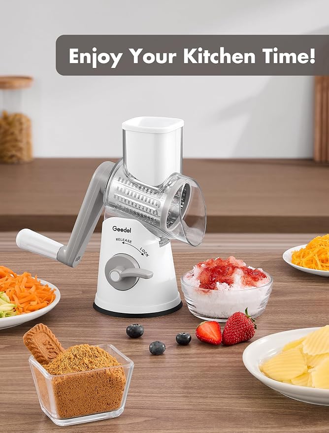 Geedel Upgraded Rotary Cheese Grater, 5 in 1 Cheese Shredder Veggie Slicer | Non-slip Suction Base, 430 Stainless Steel, No BPA, Dishwasher Safe, for Cheese Shredding, Wavy Slicing, Ice Shaving