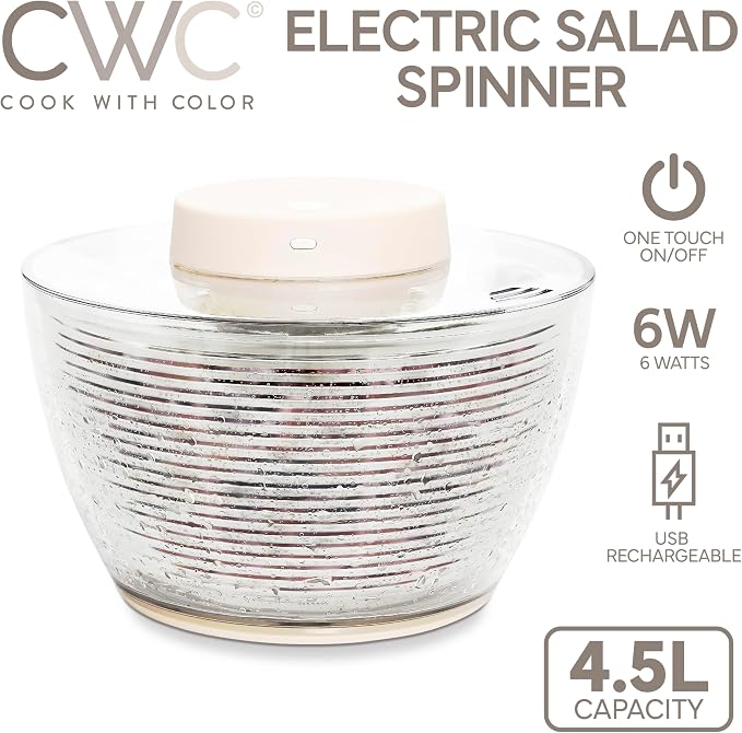 COOK WITH COLOR Electric Salad Spinner, Round 4.5L Capacity – Fast Drying & Easy Spin for Fresh Greens, Cream