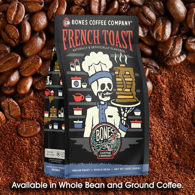 Bones Coffee Company French Toast, Sweet and Buttery Flavored Coffee, Medium Roast Low Acid Arabica Beans Compatible with Auto drip and French Press Coffee Maker, 12 Oz Ground
