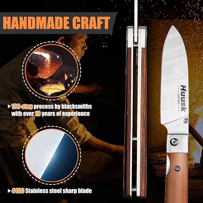 Huusk Folding Chef Pocket Knife-Japanese Santoku Knive, edc Kitchen Knives | 440C Stainless Steel, Ultra Sharp Blade, Wooden Handle, Gift Box, Portable Meat Knives for Vegetable