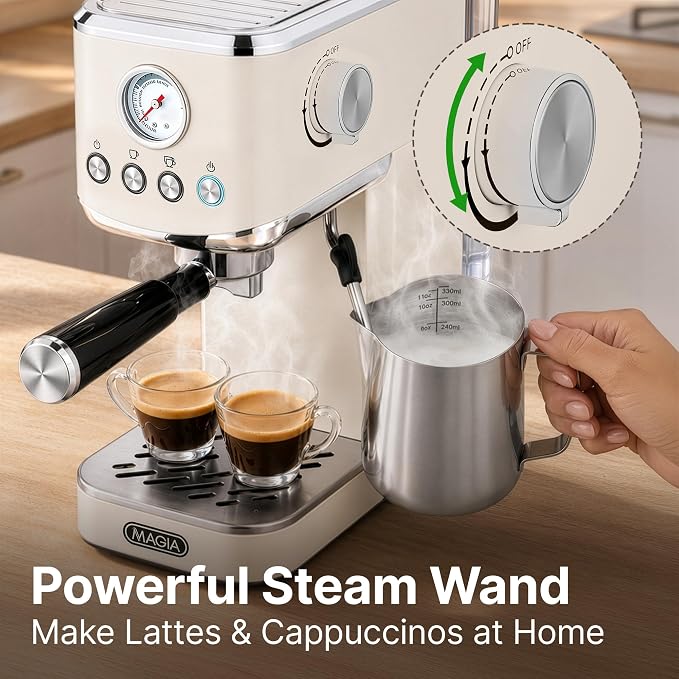 Zulay Kitchen Magia Compact Espresso Machine – 20 Bar Coffee Maker with Milk Frother Steam Wand, Latte & Cappuccino Maker, 1350W Fast Heating, 40oz Removable Water Tank, Stainless Steel – Cream