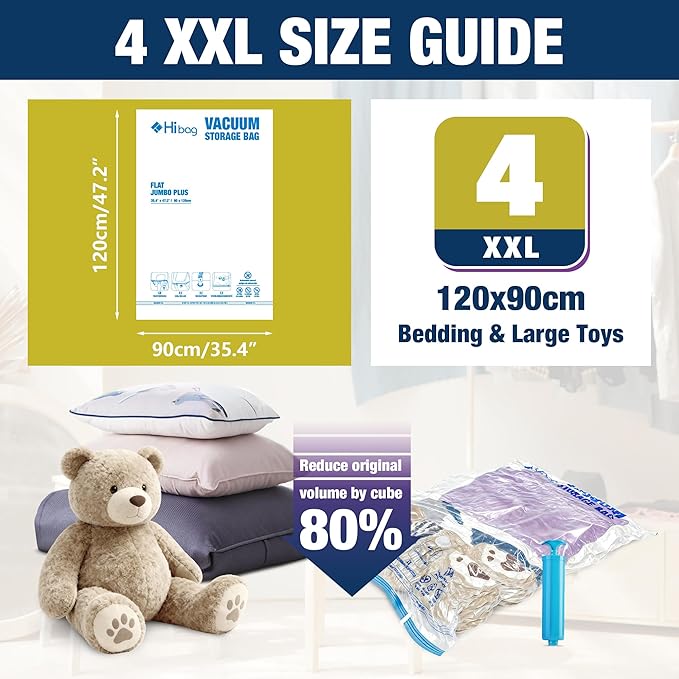 XXL Jumbo Vacuum Seal Storage Bags Extra Large for Clothing Bedding | 47''X35'', Airtight Triple Seal, Save 80% Space, Hand Pump, Work with Vacuum, Double Zip, Reusable, Easy to Use, 4 pack