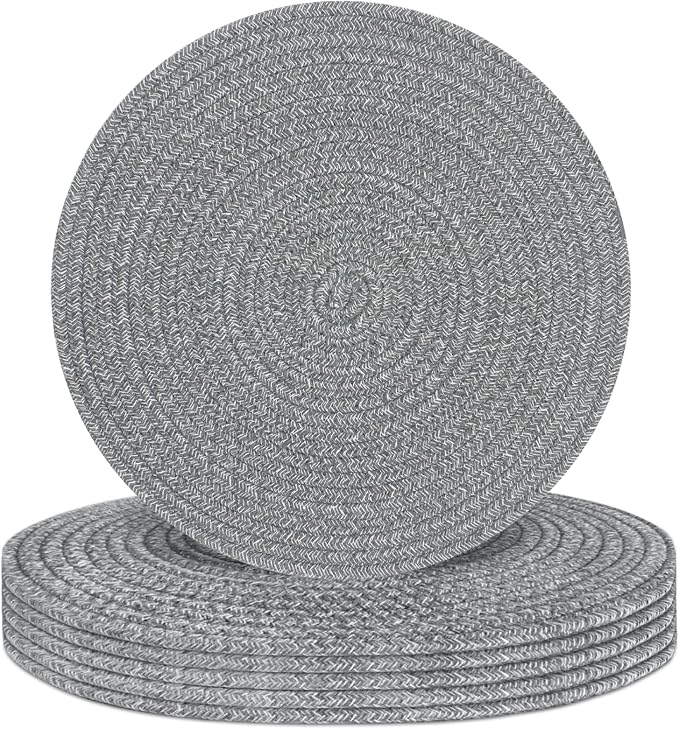 Round Placemats Set of 6, Cotton Rope Woven Table Mats, Hot Pads for Kitchen, Non Slip Heat Resistant Place Mats, 13 Inches Braided Placemat for Farmhouse Decor and Kitchen Table Decor (Gray)