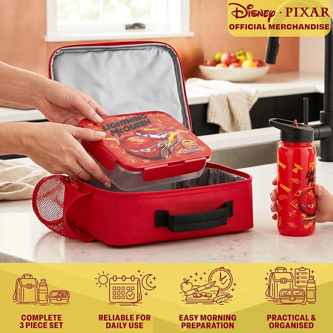 Get Trend Disney Cars Lightning McQueen Lunch Bag, Bento Box & Water Bottle | 3 Pc Set, Insulated Lunch Bag, Lightweight Snack Box, 22 fl oz BPA-Free Water Bottle with Straw, School Picnic Gifts for Boys