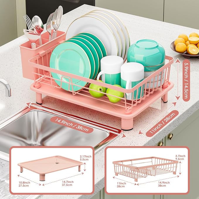 Dish Drying Rack, Stainless Steel-Dish Rack, Dish Racks for Kitchen Counter, Kitchen Dish Drainers with Removable Utensil Holder,New Drain Outlet,Plate Rack and Drainboard,(Pink-11 W x 15" L)