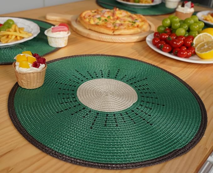 Zupro Round Placemats Set of 6,15inch Fruit Embroidered Table Mats Heat Resistant Non-Slip Washable,for Kitchen Dining Tables Four Seasons Dinner Parties Thanksgiving and Everyday Use.Kiwifruit Green