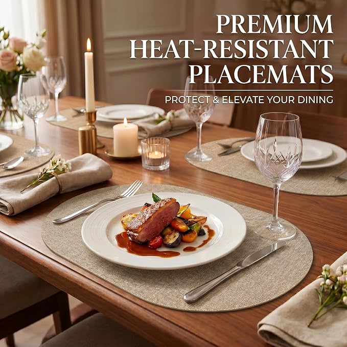 Faux Leather Placemats Set of 4, Wipeable Waterproof Stain Resistant Table Mats, Heat Resistant Thick Placemats with Hand-Painted Edges for Kitchen Dining, Imitative Linen Texture, Various Shapes