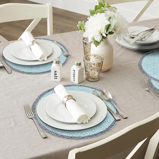 Blue Grey Ethnic Boho Round Placemats Set of 4, 15 Inch Linen Burlap Washable Durable Art Table Mats for Holiday Party Kitchen Dining Room Decoration
