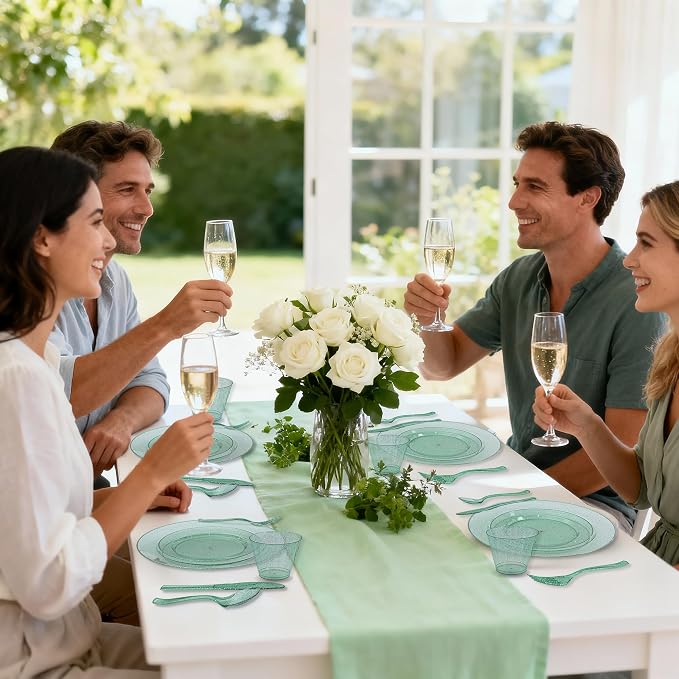 DaYammi 210PCS Green Glitter Plastic Dinnerware Set for 30 Guests, Fancy Disposable Plates for Party, Include: 30 Dinner Plates, 30 Dessert Plates, 30 Pre Rolled Napkins and 30 Cups