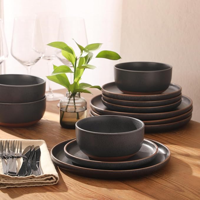 Gibson Elite Abbey Circle 12 Piece (Service for 4) Plates and Bowls Reactive Matte Glaze Dishes Stoneware Ceramic Dinnerware Set - Navy Blue