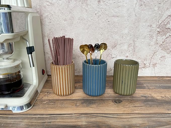 TOPYOKK Stoneware Coffee Bar Utensil Holder Tea & Coffee Spoon & Stirrer Holder for Stir Stick Straw Teaspoon Holder Espresso Spoon Cup Small Utensil Jar Fluted Vertical Stripe (Navy Blue)