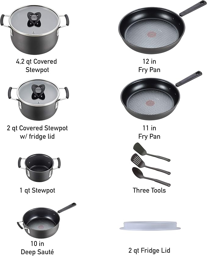 T-fal All In One Hard Anodized Nonstick Cookware Set 12 Piece Pots and Pans, Dishwasher Safe Black