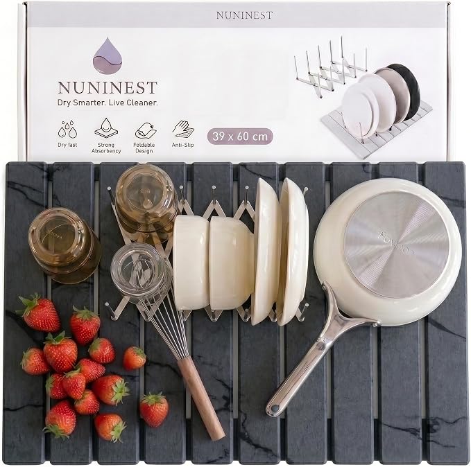 Diatomaceous Stone Dish Drying Mat with Collapsible Steel Rack - Quick Dry Kitchen Counter Set, Space Saving Foldable Dryer (Gray Marble, 23.6" x 15.3")
