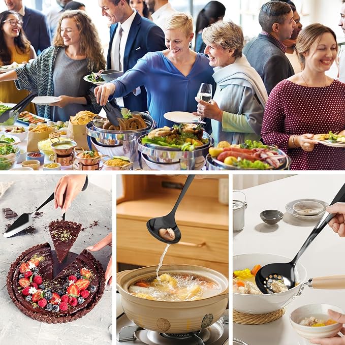17PCS Serving Spoons and Utensils Set, Stainless Steel Serveware Black | Serving Spoons,Slotted Spoons,Forks,metal and silicone-tip tongs,Cake Server,Ladle,Skimmer for Buffet, Catering, Party