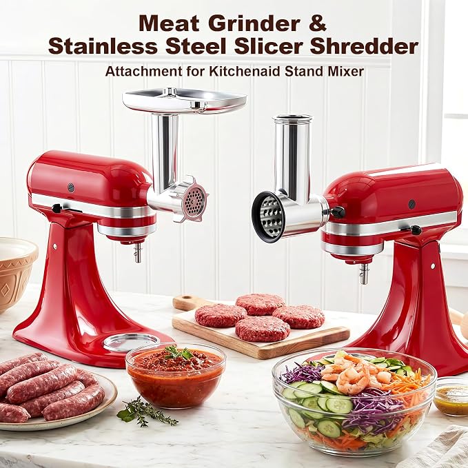 HOZODO Meat Grinder & Cheese Grater Attachments for KitchenAid Mixer | 2-Pc Set with Stainless Steel Slicer Shredder & Food Grinder, Kitchen Aid Accessories and Attachments