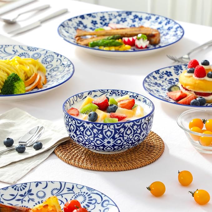 vancasso SELENE Plates and Bowls Set for 6, 18 Pieces Dinnerware Sets, Mircowave and Dishwasher Safe Dishes Set, Porcelain Blue Dinnerware