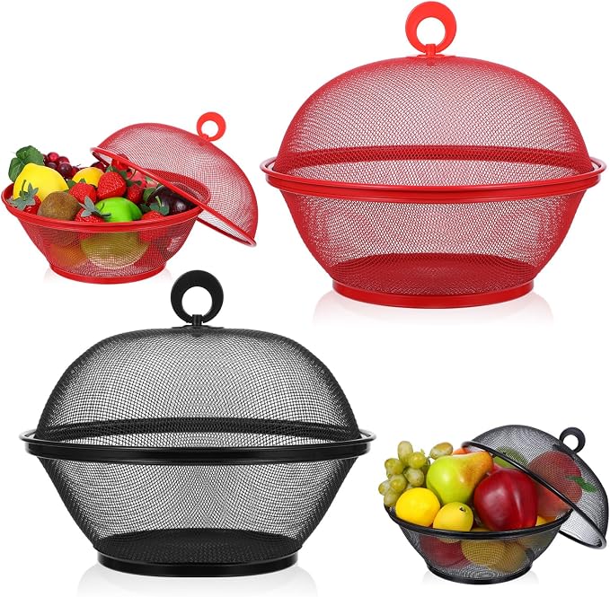 4 Pcs Mesh Food Cover with Lid, 10 Inch Iron Fruit Basket Fly Proof Strainer, Black and Red Metal Wire Container for Kitchen Countertop, Restaurant, Fruit Vegetable Storage