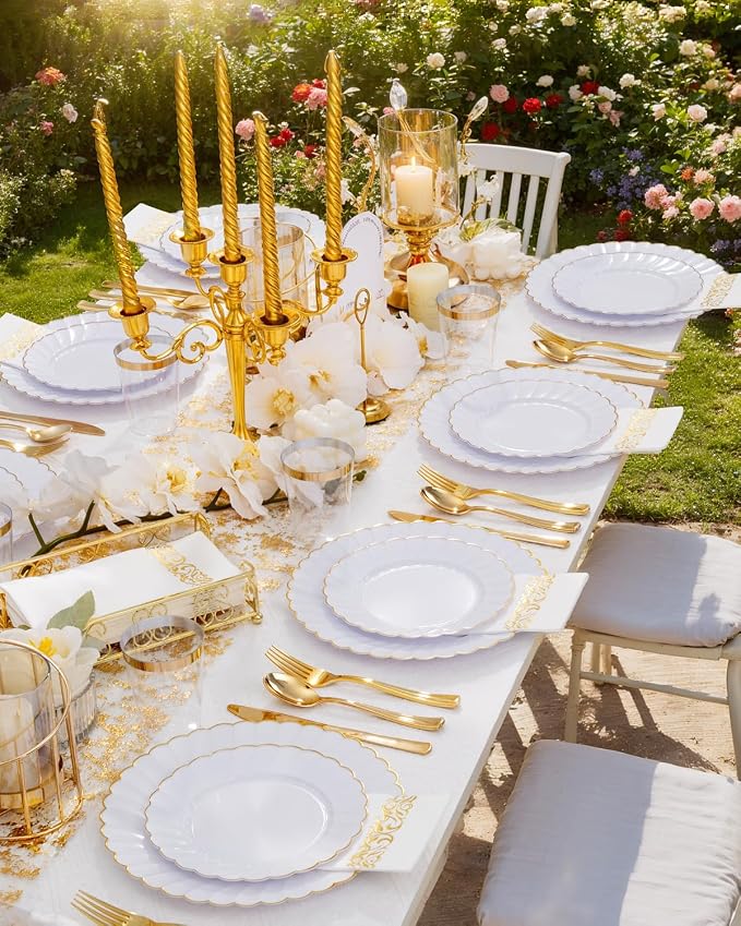 YOUBET 175PCS White and Gold Scalloped Plastic Plates for Party Wedding | White and Gold Disposable Dinnerware Set Include 50 Plates, 75 Gold Silverware, 25 Cups, 25 Napkins