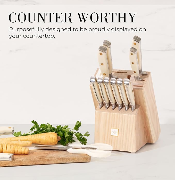 Styled Settings White Knife Set with Block and Sharpener, 14-Piece | Ultra-Sharp High Carbon Stainless Steel Knives with Gold Triple Rivet White Handles and Ashwood Knife Block