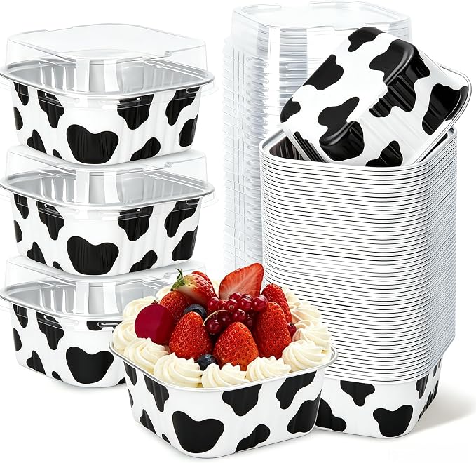 60Pack 5oz Cow Mini Cake Pans with Lids Baking Cups Aluminum Foil Pans Tins, Individual Dessert Cups Containers for Sales,Party,Picnics