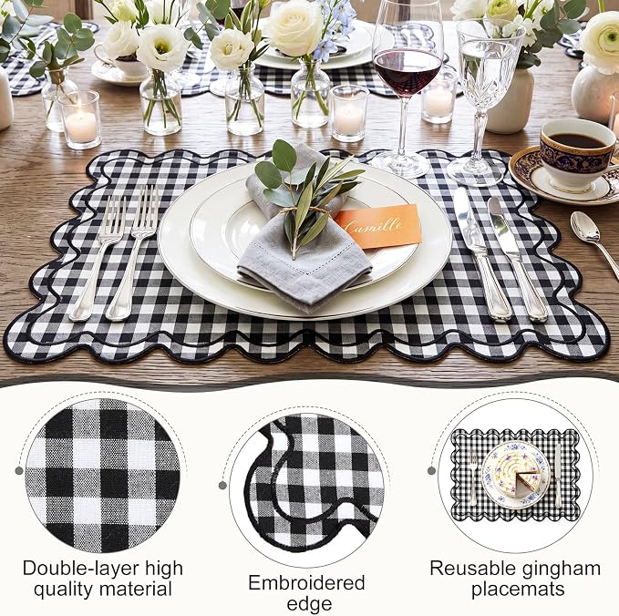 Linen Placemats Set of 12 Scalloped Placemat 13 X19 Wavy Embroidery Double Layered Washable Farmhouse Dinner Fabric Table Mat Napkin for Wedding Party Restaurant(Plaid,Black and White)