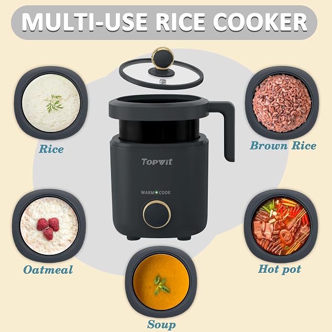 TOPWIT Rice Cooker Small 2-Cup Uncooked, Mini Rice Cooker, Removable Pot | 1.2L, Nonstick Pot, BPA-free, One-touch Operation, Auto Keep Warm, Ideal for Dorm, Office & Travel, Compact & Portable, Grey